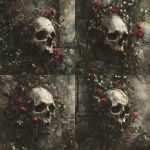 **an old grungy photograph on a skull with vines, ivy and roses growing out of it onto an old gothic castle wall, dark moody vibe, muted colors with pops of red** - Variations (Strong) by <@424564814052851715> (fast)