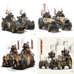 **a dnd style concept art of two feudal japan nuclear powered racing cars made from wood and old iron that inspired by Nissan NightWing rally racing cars style, have a radioactive tank with mini nuclear reaction on the roof, have different number in the body, same size but not identical, dark industrial scifi style, labeled as word fastest racing cars, white-black color and hi-viz yellow racing decals with small white hazard markings, mechanical details, Japanese characters graffiti on the body, realistic look, moody atmosphere, a little bit foggy, signal antennas, various size nobori, a lot lucky charms and some lanterns, have japanese anime stickers and some big racing sponsors decals on the body, signal cabbles, on a white background in the style of Studio Ghibli and Makoto Shinkai, cel-shaded, full-body, cartoon, 2D game art --ar 11:5** - <@1043498067623686144> (fast)
