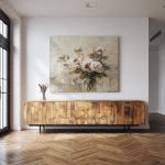 **a large floral abstract painting on canvas displayed above a modern rustic wood sideboard with black metal legs. the painting features neutral tones and faded, muted colors. the room has herringbone floors, reflecting a luxury home interior design that is both edgy and minimalist. --ar 51:64 --v 7.0** - Image #4 <@1313000520759377972>