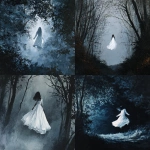 **phantom woman with a white vaporous dress floating between the trees melancolic, scary, gouache painting** - <@1282363709964025901> (fast)