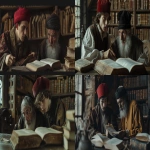 **a young renassaince man with a red hat studying with an old jewish rabbi, 15th century, editorial cinematic , detailed photography, muted colors, dutch angle, Hasselblad X1D --ar 16:9 --v 6.0** - <@1112759513444003931> (fast)