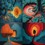 **A giant ancient tree with a trunk carved in glowing concentric orange circles, its roots are thick, sculptural rivers of molten crimson oil paint flowing into a deep teal cracked earth. Elongated neo-expressionist figures made of sun-baked clay dance in a gravitational swirl around the pulsing roots, their bodies distorted with spiritual ecstasy as they touch the ground which ripples like liquid skin. No musical instruments, no drums, no flutes. Extremely thick impasto, visible heavy brushstrokes, palette knife textures, sculptural oil paint. Deep teal background, vibrant crimson accents, vibrant orange concentric circles. Masterpiece, 8k, raw energy --v 7.0 --ar 16:9 --stylize 400 --chaos 30** - <@1451225804582420671> (fast)