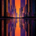 **In synthwave style, a geometricly perfect and verticly mirrored cityscape featuring the colors orange and purple** - Image #4 <@594933744490774529>