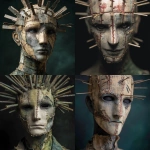 **a front facing mannequin with a few different sized spikes coming from its face, the mannequin has cuts and damage all over its face, male figure, stitches on face, tattered and torn details, dark eyes, very dark background, dark green colors, high detail, horror inspired --v 7.0** - <@702122213033246720> (fast)