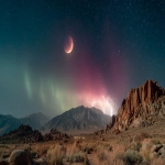 **Lunar Eclipse above a geomagnetic aurora lightning storm in the sierra desert, A cliffside wall very close by in the foreground --ar 16:9** - Image #4 <@1135636698060038216>