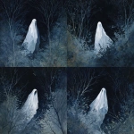 **phantom woman with a white vaporous dress , covered with a veil, floating between the trees melancolic, scary, sad, gouache painting** - Variations (Strong) by <@1282363709964025901> (fast)
