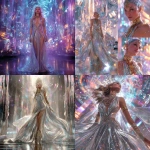 **Aspect ratio 9:16. A futuristic goddess of light stands in a radiant hall of crystal and mirrored glass. Her presence is divine and magnetic her gown made of flowing metallic fabric that ripples like liquid silver and glows with embedded galaxies. The dress sparkles with countless tiny gems, sequins, and holographic panels that catch beams of neon light as she moves. Her skin glows softly beneath layers of luminous fabric; her hair is a cascade of iridescent waves, refracting shades of sapphire, gold, and violet. She wears ornate gold-and-chrome jewelry glowing arm cuffs, layered neckpiece, and crown-like headpiece emitting delicate rays of light. The camera drifts slowly around her in 9:16 vertical frame, soft FPV dolly and orbit movement as glitter particles swirl through the air. The background shimmers with futuristic architecture suspended light pillars, holographic patterns, and drifting crystal dust. Lighting: radiant, cinematic, volumetric light shafts with shimmering glitter motes floating in slow motion. Color palette: platinum, rose gold, sapphire, amethyst, and ultraviolet. Mood: transcendent, glamorous, ethereal power. Style: high-fashion sci-fi divinity, maximalist sparkle, hyperreal beauty. Motion: graceful slow movement, shimmering reflections, light pulse synced to motion. --v 7.0** - <@692146423638261810> (fast)