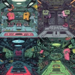 **A flat, straight-on comic-book style illustration of a Moon Boot gear wall inside a retro-futuristic spaceship. The perspective is fully frontal no vanishing point, no depth. The interior features modular sci-fi wall panels and a command module vibe mechanical, functional, slightly industrial. Hanging Moon Boot t-shirts with space-race graphics and stacked boots are rendered in bold silhouettes. The color palette is dark and grounded: charcoal black, olive green, chrome silver, and bubblegum pink accents. Pops of lemon yellow used sparingly. Solid colors only no gradients, no pastel tones, no realistic lighting. The style is inspired by Syd Mead’s early industrial designs and 1980s sci-fi comic books. Feels like a gear locker panel aboard a racing spaceship, drawn for a vintage catalog or sticker sheet. --v 6.0 --ar 9:16 --raw** - <@1053079618342633592> (fast)