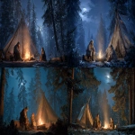 **A 45-year-old father and his 10-year-old son camping in the deep Siberian forest, night scene, spring of 1853, a small campfire glowing warmly in the darkness, sparks rising into the cold night air, both wearing fur-lined expedition clothing, the father sitting on a log while checking supplies, the boy sitting close to the fire, wrapped in a blanket, a tent made of canvas and wooden poles behind them, tall pine trees surrounding the camp, faint moonlight filtering through branches, cinematic atmosphere, high details, 4k, realistic --ar 16:9 --v 7.0** - <@1395893999088308316> (fast)