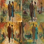 **a vintage illustration of an african american couple in love, walking hand-in-hand through the park on a fall day with colorful leaves falling around them. the man is wearing a brown overcoat and black shoes, while the woman wears a long coat with a blue top underneath it and a hat. they both have happy expressions. in the background, there are people sitting on benches and trees with autumn foliage. --ar 64:35 --v 7.0** - <@1142201622697623682> (fast)