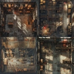 **top-down view of an industrial warehouse interior, tall metal shelves and storage racks, scattered wooden crates and cardboard boxes, elevated metal catwalk with grated floor running above part of the warehouse, harsh overhead lighting casting long shadows, worn concrete floor with oil stains, one wall features a red flashing alarm light, gritty realistic texture, detailed grid-friendly layout, designed for tabletop RPG battle map, 2D isometric map style, Dungeons & Dragons theme --v 6.0 --ar 1:1 --raw** - <@398622100233125890> (fast)