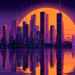 **In synthwave style, a geometricly perfect and verticly mirrored cityscape featuring the colors orange and purple** - Image #2 <@594933744490774529>