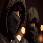 **2 St. Louis Based black Rappers, wearing all black, black masks and hoods, gloves, up close and personal 8k professional photography shoot for an album cover, low light night time dynamic and cinematic --ar 16:9 --v 7.0 --raw** - Image #4 <@1060379121521279086>