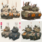 **a dnd style concept art of two feudal japan wood and iron nuclear powered Main Battle Tanks with rocket launchers behind the turret, have different number in the body, same size but not identical, dark industrial scifi style, labeled as defense and recon vehicle, sand color and orange racing decals with urban digital camo color and small lime hazard markings, mechanical details, Japanese characters graffiti on the body, realistic look, moody atmosphere, a little bit foggy, signal antennas, various size nobori, have japanese anime stickers and some racing sponsors decals on the body, signal cabbles, on a white background in the style of Studio Ghibli and Makoto Shinkai, cel-shaded, full-body, cartoon, 2D game art --ar 11:5** - <@1043498067623686144> (fast)