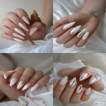 **champagne chrome french tip nails on milky pink base, delicate and editorial manicure, soft luxury tones, almond shape, close-up on hands in soft lighting, styled with silk or tulle, elegant minimalism for winter --v 6.0 --ar 2:3 --raw** - Variations (Strong) by <@1321895242076520463> (fast)
-# Create, explore, and organize on [midjourney.com](<https://midjourney.com/imagine?from_discord=1>)