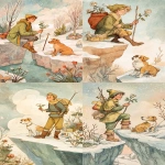 **hand-drawn winter fairy tale illustration, The Fool tarot card. The image depicts a young man with one foot on the edge of a cliff, holding a small stick with a small package and a small white rose in his hand, and a dog at his feet., warm storytelling atmosphere, unmistakable children's book illustration style of the 1960s-1970s, subtle influence of classic English animal fairy tales in the spirit of Beatrix Potter, but with Soviet-era illustration warmth, colored pencils and watercolor, visible pencil strokes, soft watercolor washes, textured paper, muted winter palette with whites, pale greens, soft browns, gentle reds and warm accents, rounded naive shapes, calm composition, poetic and cozy mood, hand-made look, non-photorealistic, timeless children's illustration. The scene is set --ar 7:12 --profile b414ohv** - <@409716268476923920> (fast)
-# Create, explore, and organize on [midjourney.com](<https://midjourney.com/imagine?from_discord=1>)