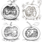 **A cozy Custard Apple Workshop - inside a hollow half custard apple, Hazel the rabbit reading a book on a tiny chair, Pip the hedgehog painting with brushes, scale-like segments as shelves, black and white line art only, clean bold outlines, storybook style, easy to color, centered composition. --v 6.1** - <@1426448926453530644> (relaxed)