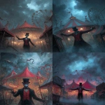 **<https://s.mj.run/prtaYJlQqPI> match this picture and add a carnival ring master wearing a red vest and black suit with no face under his black top hat is welcoming you with his right arm to the creepy weird Lovecraftian carnival filling the background, as a front page art piece painting, --ar 8:11 --v 7.0** - <@1035886146422583346> (fast)