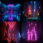 **Neon-lit underground puppet speakeasy, cyberpunk marionettes dancing under surveillance drones, glitchy shadows, glowing wires in place of strings --ar 7:3 --v 7.0 --raw** - <@1017562001381265439> (fast)