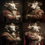**<https://s.mj.run/1NjRNbUywKQ> photo portrait of a very rich European king with his arms crossed in front of his body, but his head is a mostly white cow's head and he is wearing a crown and carrying a sceptre --ar 2:3 --v 7.0** - <@1103975769467789322> (fast)