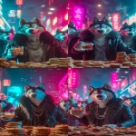 **<https://s.mj.run/RUHsJsexeAs> A hyperrealistic, cinematic photo, low-angle shot from table height. The subject is a charismatic anthropomorphic Siberian Husky with piercing cyan-glowing eyes, smirking coolly at the camera. He's wearing a fur-lined black leather jacket and a silver chain, lounging in an opulent nightclub VIP booth. He holds up a crystal lowball glass containing amber liquor and a single large, clear ice cube. On the table is an extravagant mountain of gourmet dog biscuits. The atmosphere is thick with haze, with dramatic volumetric light beams and vibrant cyan/magenta neon glows. Extremely shallow depth of field, creamy cinematic bokeh, tack-sharp focus on the husky. Unreal Engine 5, Octane Render, 8k, extreme detail, award-winning photography. --ar 9:16 --v 7.0** - <@692146423638261810> (relaxed)