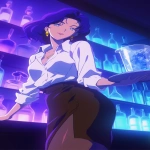 **Fuzzy 90s Anime screengrab, A night club filled with smoke and mirrors that reflect the single beauty standing back a bit walking forward, it's a woman in a business jacket and a long pencil skirt, dark brown stockings, she's carrying a tray with a large pitcher of ice that has glistening blueish square cubes inside and condensation down the glass, her hair midnight blue with purple tips and short cut hair ending around the shoulders, confident smile, narrow squinting blue eyes, pencil thin black eyebrows flat --ar 3:5 --niji 6** - Upscaled (Creative) by <@372629349565988865> (fast, stealth)
-# Create, explore, and organize on [midjourney.com](<https://midjourney.com/imagine?from_discord=1>)