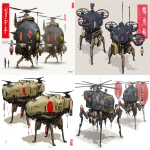 **a dnd style concept art with Ashley Wood details of two feudal japan wooden and old iron nuclear powered quadcopter bomber drones, Japan Meiji era armada, have different number in the body, same size but not identical, dark industrial scifi style, labeled as armada best units, black-sand color with navy accents and small hi-viz lime and red hazard markings, mechanical details, Japanese characters graffiti on the bombs, realistic look, moody atmosphere, a little bit foggy, signal towers, various size nobori, various size lanterns, robotic-mechanical arms, have japanese anime mural on the body, signal cabbles, on a white background in the style of Studio Ghibli and Makoto Shinkai, cel-shaded, full-body, cartoon, 2D game art --ar 11:5 --v 7.0** - <@1043498067623686144> (fast)