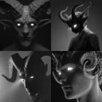 **Design a greyscale hyperrealism, shadow figure with glowing white eyes and horns --v 7.0** - <@1116424656908464158> (fast)