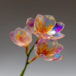 **photograph and ultra high resolution photograph of a stem of orchid blooms. Use a delicate and transparent liquid glass sculpture and texture. Keep its shape and silhouette recognizable with no deformation or twists. Ensure the orchids are designed with a glass like appearance that is pristine, strong, iridescent and reflective and crystal clear. Use vivid rainbow flares and refractions of light that catch the eye at the edges and curves. The glas surface should be uniform and have a light and neutral gray tone. Ensure soft edged light is used and a simple white background can be distinguished behind --ar 4:5 --raw --stylize 600 --c 18** - Image #4 <@1083674863752978512>