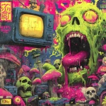 **early 2000s horror B-movie poster style UK bassline cover art, acid rave theme, dripping random objects with tongues out and sweat, chaotic mushrooms, exaggerated lighting, VHS grain, neon green and pink palette, hand-painted airbrush textures, campy sci-fi horror vibe, glowing outlines, dramatic composition, inspired by Phatworld, Mozey, Interplanetary Criminal, --ar 1:1 --v 7.0 --s 850 --q 2 --raw** - Image #4 <@289277077293760513>