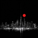 **red dot showing up as the moon on a black and white new york skyline** - Image #1 <@1137240197814288404>