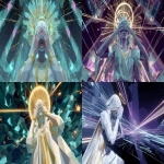 **a conceptual boss design of the game 'Rez', shows the player high-tech structures in a low-poly style.the boss should be designed and be the main object in the picure, a low poly retro neon portrait of an angelic woman with her hands covering her eyes. she is wearing white and gold robes, and there is a halo behind her head. the scene conveys a sense of motion as the beams from the laser guns hit different parts of the structure. the environment has simple geometric shapes that indicates mirrors and library and the scrolls, and the dark background is complemented by the game's use of bright neon colors and glowing effects to create a sense of depth and excitement. the structure should have a religous feeling. --ar 16:9** - <@816916814089027595> (fast)