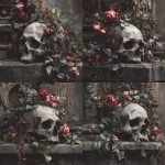 **an old grungy photograph on a skull with vines, ivy and roses growing out of it onto an old gothic castle wall, dark moody vibe, muted colors with pops of red** - Variations (Strong) by <@424564814052851715> (fast)