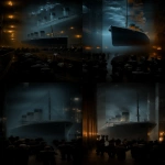 **Abstract realistic wide angle cinematic shot of the ghost of the Titanic, trapped in a labyrinth of time and space of a belle epoque, emerges from the kingdom of mirrors. Multidimensional reflections of the Titanic ship. Echoes of epochal events in the shadows of the City of the Future. Crowds of people from different historical eras witness the miraculous reappearance of the Titanic from the memories of the past. --chaos 5 --ar 1:3 --sref <https://s.mj.run/xeIZcpMYQpw> --profile xu8uv7x --v 7.0 --draft** - <@1278704364331995191> (fast)