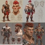 **Character design sheet. Realistic 3d rendering. Character design sheet of a ruggedly handsome, Hyper muscular handsome half orc, bodybuilder, bright silver eyes, short curly red Mohawk, short pointed ears, defined muscles, Huge leg muscles, huge pectoral muscles, big arm muscles, vascular hyper muscular, wide Grecian nose, strong square jaw, defined cheek bones, masculine features, freckles, Bodybuilder, short pointed ears, wearing Roman gladiator armor. --v 7.0** - <@1222981214734913607> (relaxed)