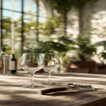 **A close-up shot of the empty wine glasses and a wine bottle opener on a wooden dinning table, in front of wine cellars and plants. The focus is on the wone glasses, set against soft natural light creating gentle shadows. A blurred background reveals an open space filled with greenery and sunlight streaming through large windows. Ultra realistic product photo. --ar 9:16 --v 7.0** - Upscaled by <@1218331998956027987> (fast)