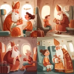 **Saint Nicholas gives a gift to a child in the airplane cabin, a cute commercial illustration in light orange white and bright red tones, adding an atmosphere of Christmas and magic --v 7.0** - <@1178911175929499672> (fast)