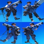 **Full-body illustration of a black-haired teenage character leaning against a giant telescope. He wears workwear overalls, gloves on his hands, and sturdy boots. Holding an open book, calm and thoughtful posture. Blue-toned color palette, quiet and contemplative atmosphere. Clean composition, soft lighting, subtle observatory or sci-fi feeling. Anime-style character illustration, refined and gentle mood, clear silhouette --ar 2:3 --niji 6** - Variations (Strong) by <@762679659153850410> (fast, stealth)