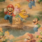 **a colorful fresco on a wall in pompei depicting the characters from the Super Mario games - Mario, Luigi, Wario, Princess Peach, Toad, Bowser - fleeing the mushroom volcano on the streets of Pompei in a panic. Surreally painted in the style of Leonardo DaVinci. --weird 20 --tile --s 250** - Image #4 <@801121405402873957>