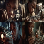 **A cinematic still, a film by Terry Gilliam, a nerdy black kid, building a robot, close shot --v 7.0 --ar 16:9** - <@1105536971348123781> (fast)