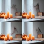 **<https://s.mj.run/ZZjoODn8UNs> A realistic photo featuring a white horizontal tabletop in the foreground with several small orange candles lit. In the background, a few subtle Halloween-themed details such as a small carved pumpkin, a closed spell book with worn pages, a black spider crawling on a corner, and a faint spider web against the wall. The scene is softly lit with natural daylight, creating a minimalist yet spooky autumn atmosphere without being overly decorated. --s 525 --c 10 --v 6.1** - Variations (Subtle) by <@437658373576720385> (fast)