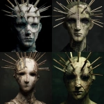 **a front facing mannequin with a few different sized spikes coming from its face, the mannequin has cuts and damage all over its face, male figure, stitches on face, tattered and torn details, dark eyes, very dark background, dark green colors, high detail, horror inspired --v 7.0** - <@702122213033246720> (fast)