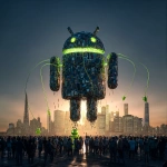 **<https://s.mj.run/rWcFtaYzAZ8> The Android Robot made of mobile phones is collapsing, crowd of people looking up at it, green malware bugs trying to get inside it, green lasers trying to pull robot down, cityscape, photorealistic, magic hour, dramatic lighting** - Image #1 <@1048326817838280714>