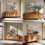 **a sideboard with wooden doors and metal legs stands below an abstract floral painting in neutral tones on the wall, showcasing a modern home decor style. the natural lighting enhances the interior design photography, providing a front view of the space. --ar 51:64** - <@1313000520759377972> (fast)