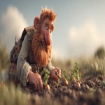 **high resolution pixar styled image of a red-bearded smiling scottish man in a kilt planting seeds in the ground on a bright day in Scottland --ar 16:9** - Image #1 <@1108137556798873734>