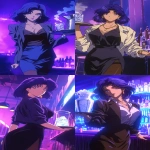 **Fuzzy 90s Anime screengrab, A night club filled with smoke and mirrors that reflect the single beauty standing back a bit walking forward, it's a woman in a business jacket and a long pencil skirt, dark brown stockings, she's carrying a tray with a large pitcher of ice, her hair midnight blue with purple tips and short cut hair ending around the shoulders, confident smile, narrow squinting blue eyes, pencil thin black eyebrows flat --ar 3:5 --niji 6** - <@372629349565988865> (fast, stealth)