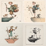 **simple line art cartoon with flat watercolor fills, whimsical hand-drawn ink sketch, minimal friendly character design, white textured paper background with visible grain and subtle speckles, deckled paper edges, limited fun color palette , lots of negative space, centered composition, subtle ground shadow line, The Fool tarot card. The image depicts a young man with one foot on the edge of a cliff, holding a small stick with a small package and a small white rose in his hand, and a dog at his feet., illustration in the style of Barbara Spurll --ar 7:12** - <@409716268476923920> (fast)
-# Create, explore, and organize on [midjourney.com](<https://midjourney.com/imagine?from_discord=1>)