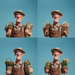 **cartoon character, farmer, wears a brown coloured farmers outfit, holds crop bundles in his arms, pixar artstyle --v 7.0** - Variations (Region) by <@798906196995997708> (fast)