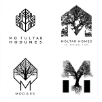 **a logo for a company that 3d prints modular homes, it is a A tree that forms part of the letter "M," symbolizing sustainability. The negative space forms the nest shape within the "M." black line on a white background** - <@999895176619237436> (fast)