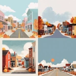 **simple flat illustration of a of a small town in the fall. With a street going down little shops. Same vibes as Gilmore Girls. some pumpkins in the background. Composition mostly sky. bright fall colours. --v 7.0** - <@1183849741679861822> (fast)